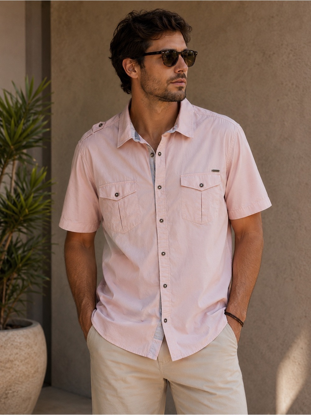 Guess Men's Light Pink Button Down Shirt Size XL Neutral Utility Festival